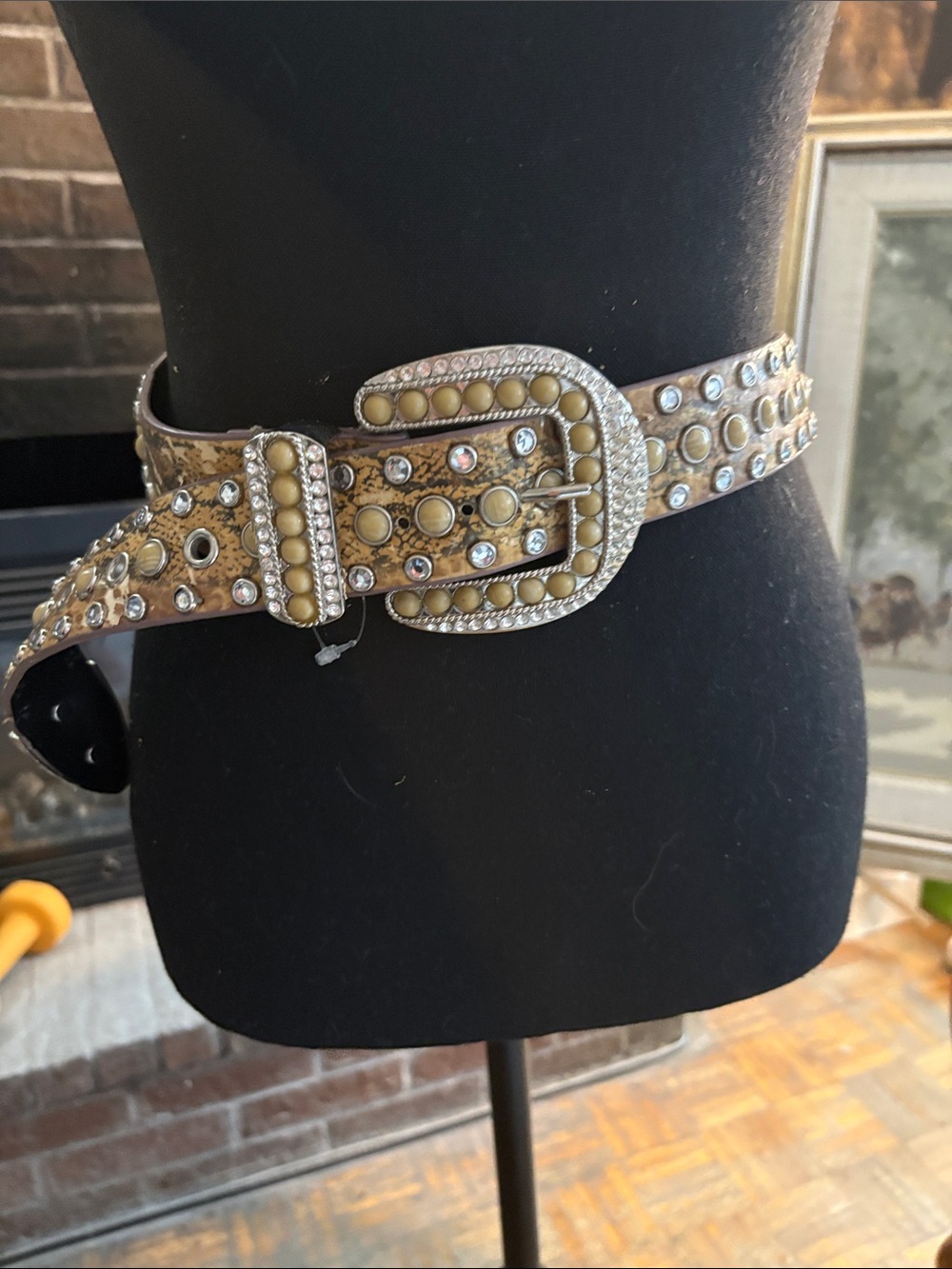 Source Unknown Yellow Studded Belt with Rhinestone Buckle